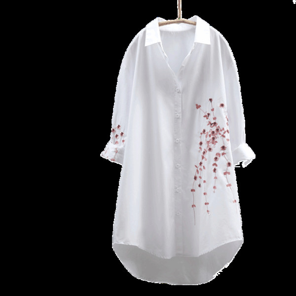 Μοντέρνο μακρύ λευκό πουκάμισο με κεντήματα