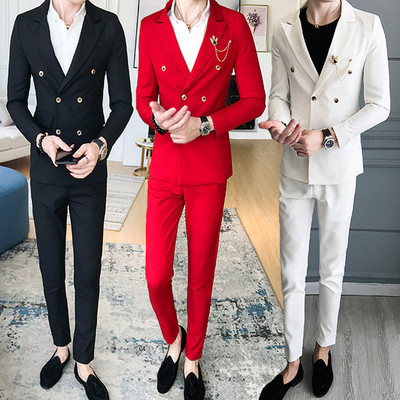 Elegant men`s suit in several colors including a jacket with double fastening and trousers