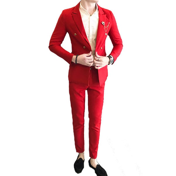 Елегантен мъжки костюм в няколко цвята включващ сако с двойно закопчаване и панталон