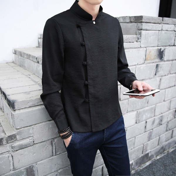 Modern férfi ing oldalsó rögzítéssel és O-nyakú fehér és fekete színben