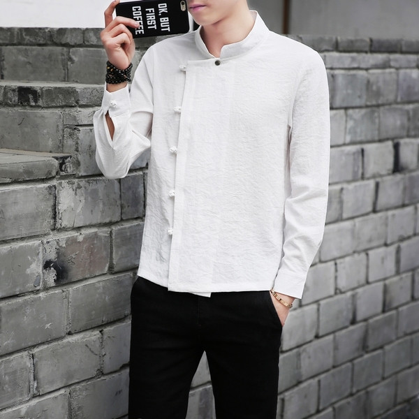 Modern férfi ing oldalsó rögzítéssel és O-nyakú fehér és fekete színben