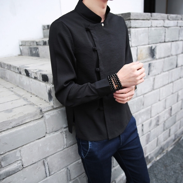 Modern férfi ing oldalsó rögzítéssel és O-nyakú fehér és fekete színben