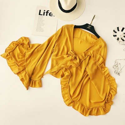 Γυναικεία Μπλούζα με Floral Patterns Λιτό μανίκι και V-λαιμό