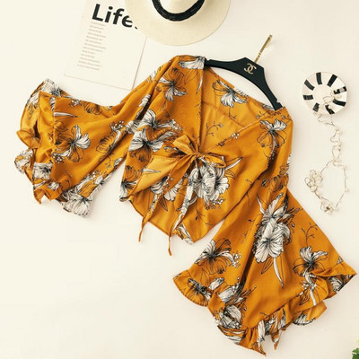 Γυναικεία Μπλούζα με Floral Patterns Λιτό μανίκι και V-λαιμό