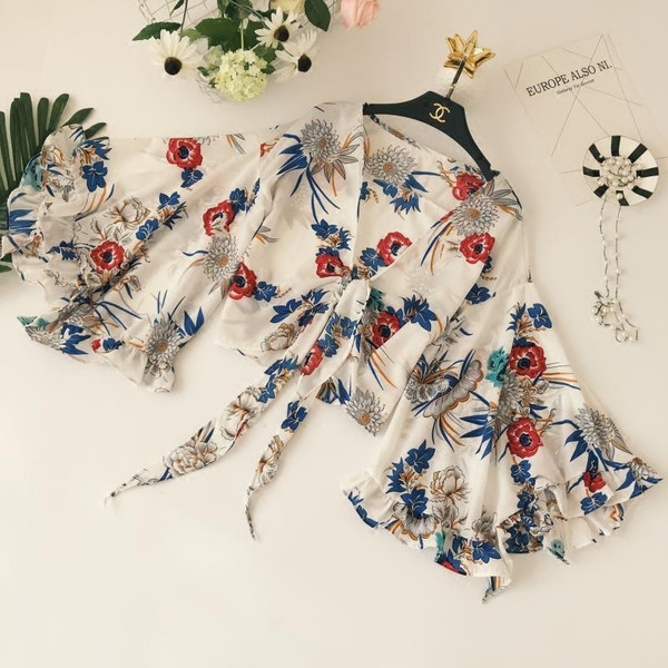 Γυναικεία Μπλούζα με Floral Patterns Λιτό μανίκι και V-λαιμό