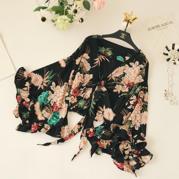 Γυναικεία Μπλούζα με Floral Patterns Λιτό μανίκι και V-λαιμό