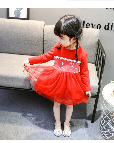 Стилна детска рокля с дълъг ръкав в розов и червен цвят