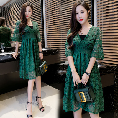Modern women`s lace dress cut model with 3/4 sleeves in several colors