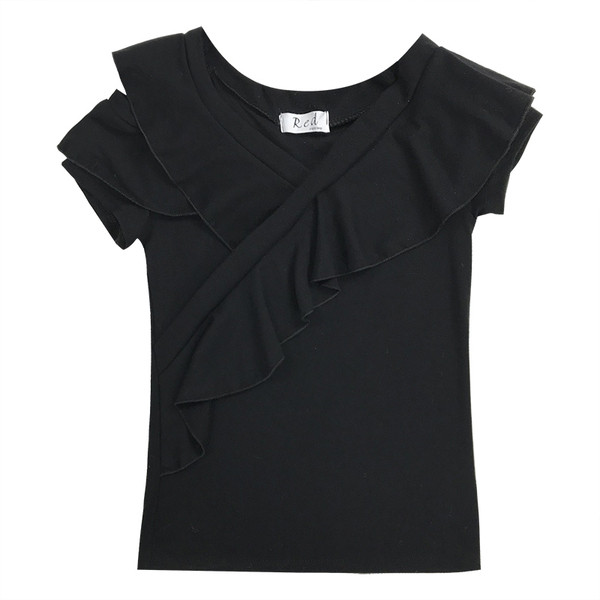 Női alkalmi póló fodrokkal, fekete-fehér színben