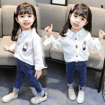Παιδικό πουκάμισο για κορίτσια σε λευκό με μακριά μανίκια και κεντήματα