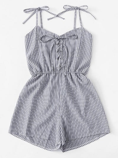 Modern női csíkos overál nyakkendővel