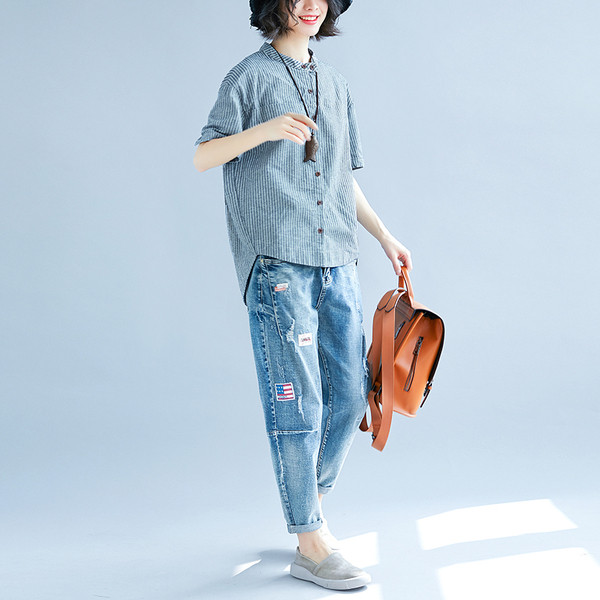 Alkalmi női csíkos ing aszimmetrikus mintával