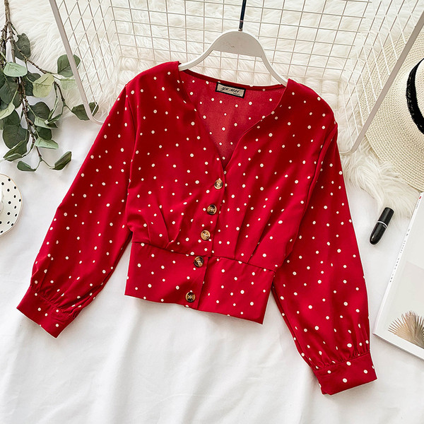 Új modern női blúz gombokkal, több színben pöttyökkel