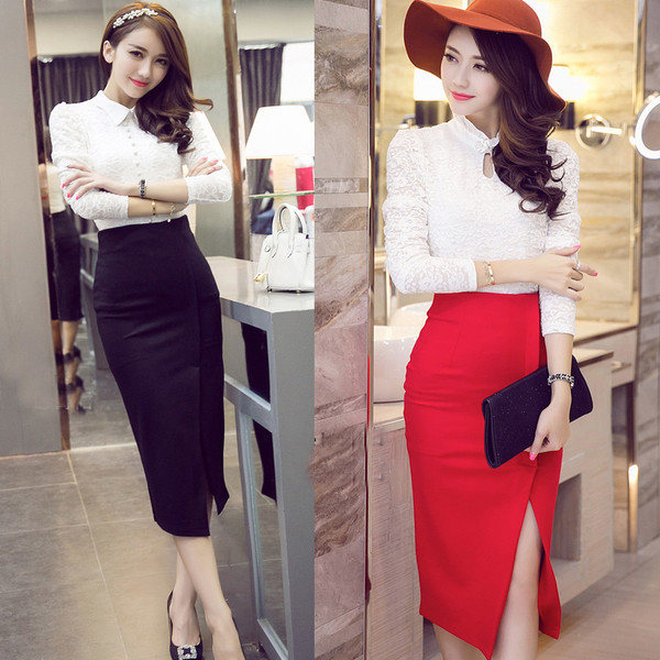 Stílusos női szoknya hosszú modell fekete-piros hasítékkal