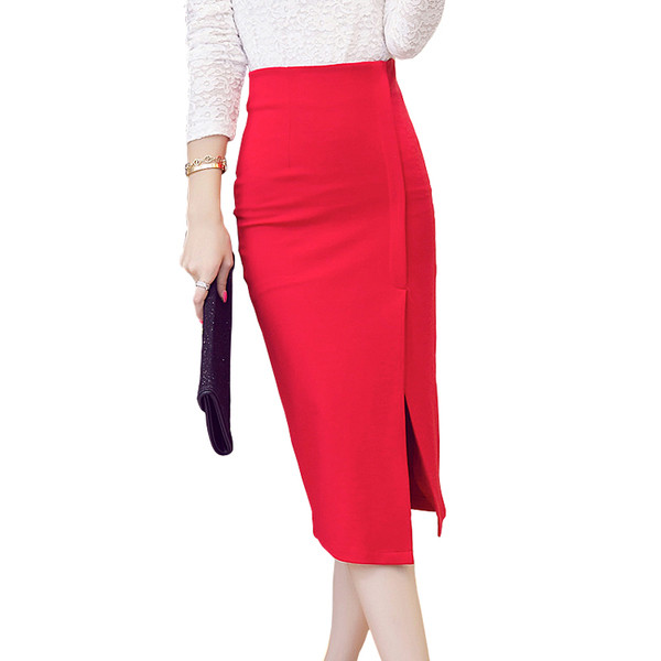 Stílusos női szoknya hosszú modell fekete-piros hasítékkal