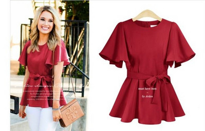 Modern női blúz rövid ujjal és övvel, négy színben