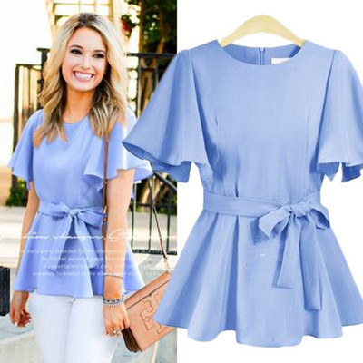 Modern női blúz rövid ujjal és övvel, négy színben