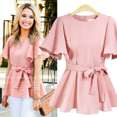 Modern női blúz rövid ujjal és övvel, négy színben