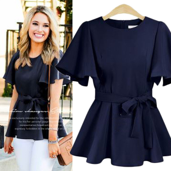 Modern női blúz rövid ujjal és övvel, négy színben