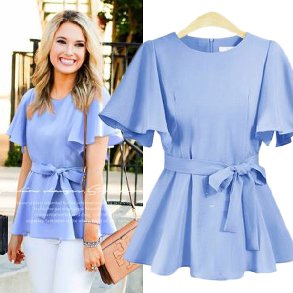 Modern női blúz rövid ujjal és övvel, négy színben