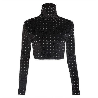 Lezser női rövid pöttyös blúz magas gallérral