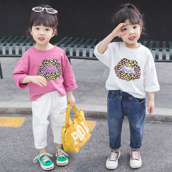 Ежедневна детска блуза за момичета от два цвята с леопардов десен
