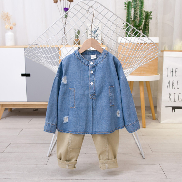 Modern gyerek farmer ing fiúknak hosszú ujjal és gombokkal