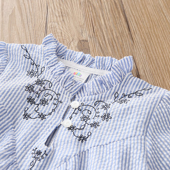 Детска риза за момичета в син и бял цвят с бродерия