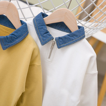 Модерна детска блуза за момчета с яка в бял и жълт цвят