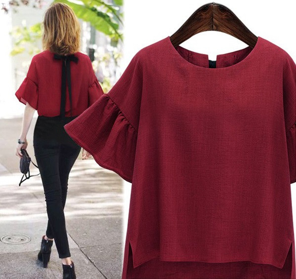 Stílusos női aszimmetrikus blúz, hátul szalaggal