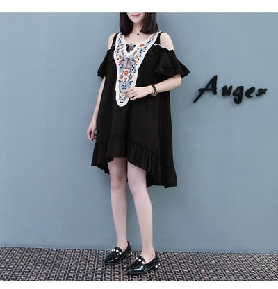 Alkalmi női aszimmetrikus ruha nyitott vállú, két színben széles modellben