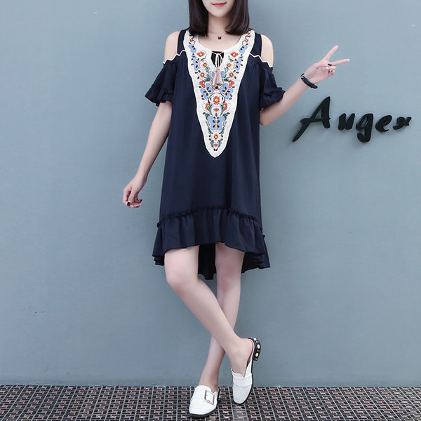 Alkalmi női aszimmetrikus ruha nyitott vállú, két színben széles modellben