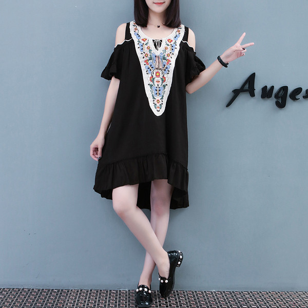 Alkalmi női aszimmetrikus ruha nyitott vállú, két színben széles modellben