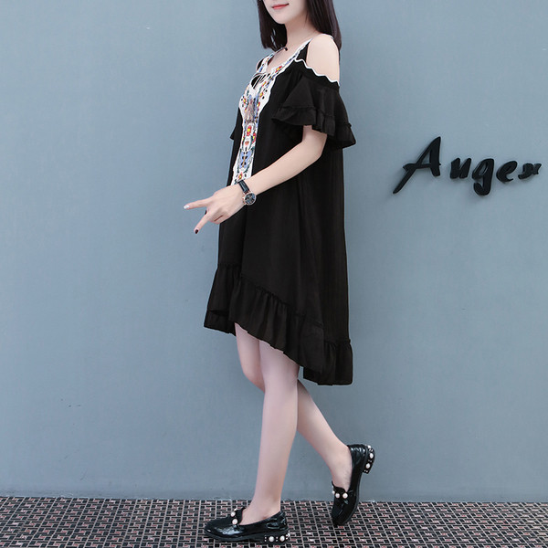 Alkalmi női aszimmetrikus ruha nyitott vállú, két színben széles modellben