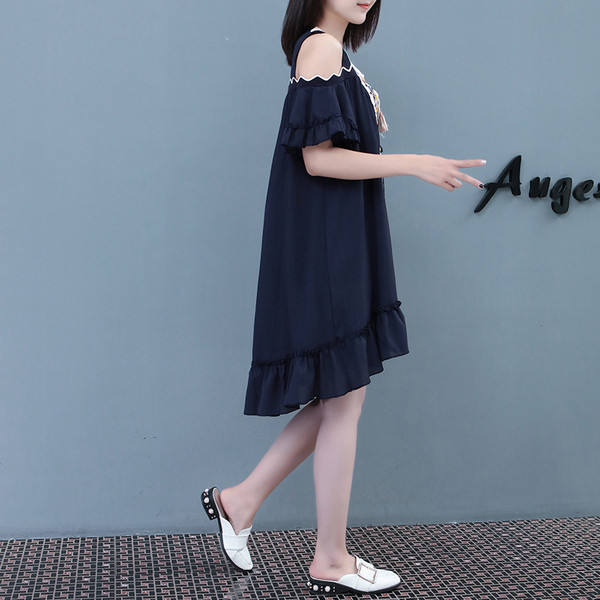 Alkalmi női aszimmetrikus ruha nyitott vállú, két színben széles modellben