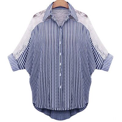 Γυναικείο  μοντέρνο ριγέ πουκάμισο με δαντελωτό ασύμμετρο μοτίβο