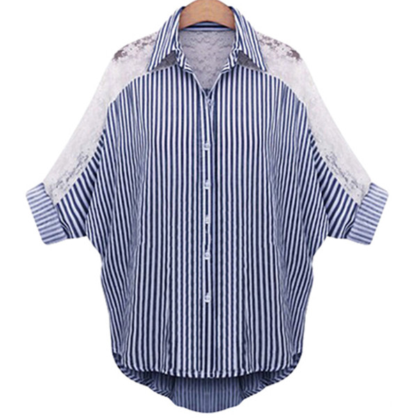 Γυναικείο  μοντέρνο ριγέ πουκάμισο με δαντελωτό ασύμμετρο μοτίβο