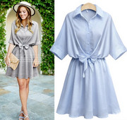 Καθημερινό γυναικείο φόρεμα σε δύο  χρώματα με κουμπιά και κορδέλα