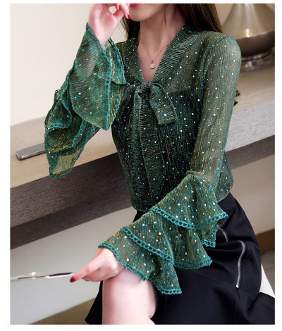 Stílusos női csipke ing szalaggal és Lotus ujjal, három színben