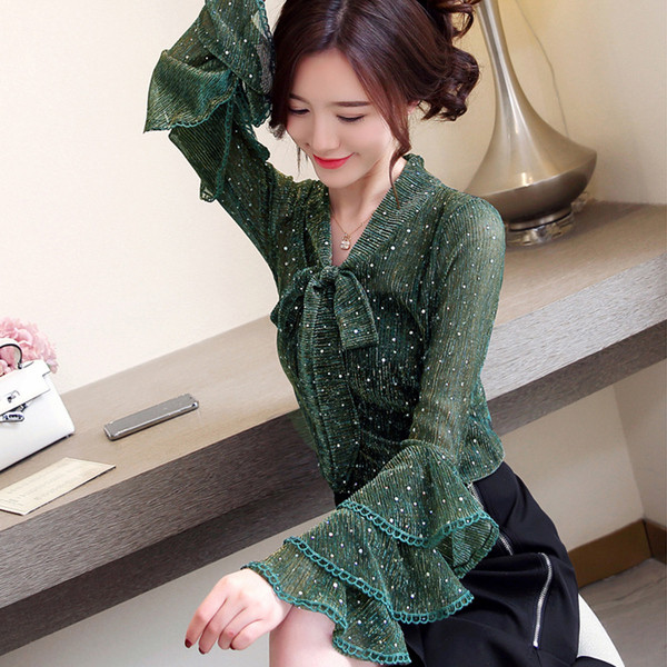 Stílusos női csipke ing szalaggal és Lotus ujjal, három színben