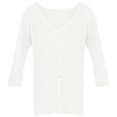 Modern női blúz V-nyakkal, gombokkal és 3/4-es ujjakkal