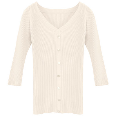 Modern női blúz V-nyakkal, gombokkal és 3/4-es ujjakkal