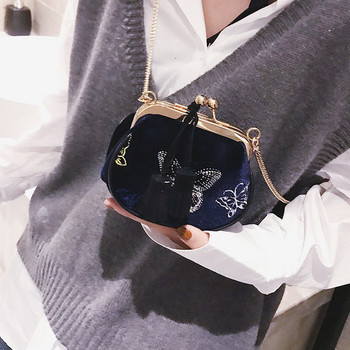 Стилна малка дамска чанта с пискюл и бродерия в два цвята