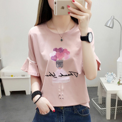 Női póló fehér, rózsaszín és fekete mintával