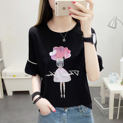 Női póló fehér, rózsaszín és fekete mintával