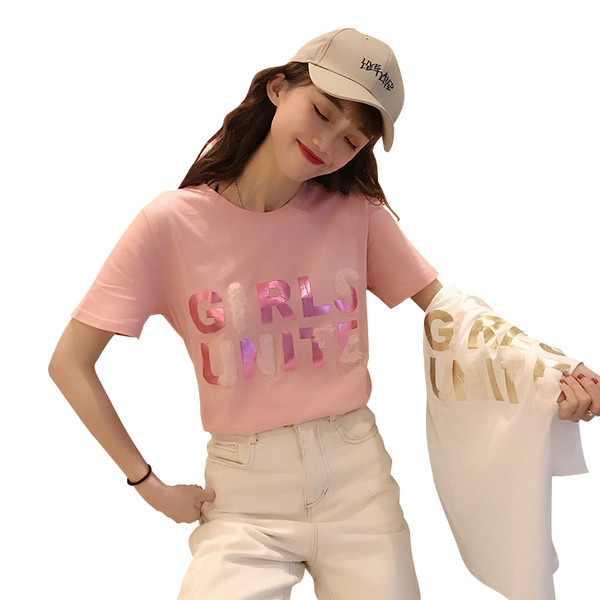 Alkalmi női póló rózsaszín és fehér felirattal