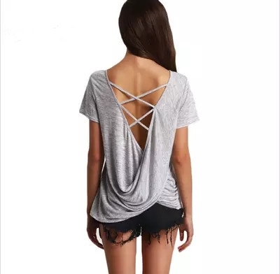 Lezser női póló nyitott háttal, szürke színben