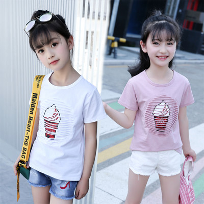 Модерна детска тениска с къс ръкав и апликация за момичета