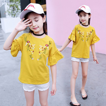 Стилна детска блуза с голо рамо и бродерия за момичета в два цвята