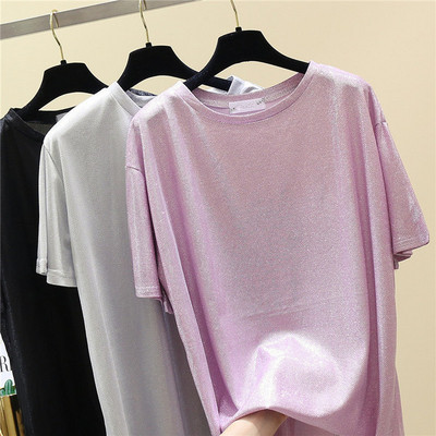 Модерна дамска лъскава тениска широк модел в няколко цвята